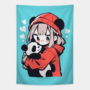 Cute Anime Girl Holding a Panda Tapestry