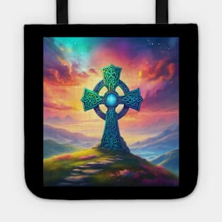 Colorful Ancient Fantasy Celtic Cross set into a grassy hill overlooking mountains. Tote