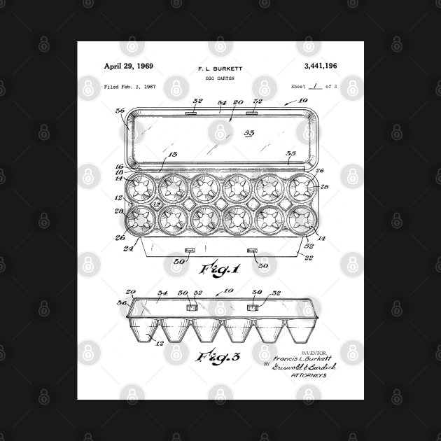 Egg Carton Patent - Kitchen Chef Farming Farmhouse Art - White by patentpress