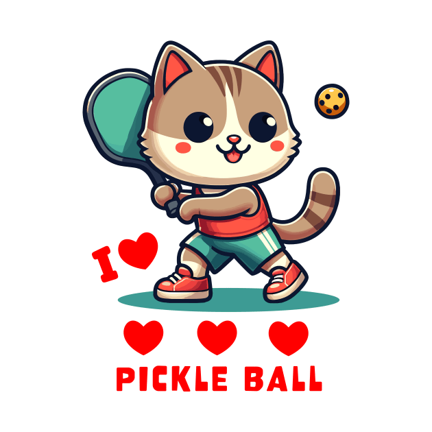 I Love Pickle Ball, Cute Cat playing Pickle Ball, funny graphic t-shirt for lovers of Pickle Ball and Cats by Cat In Orbit ®