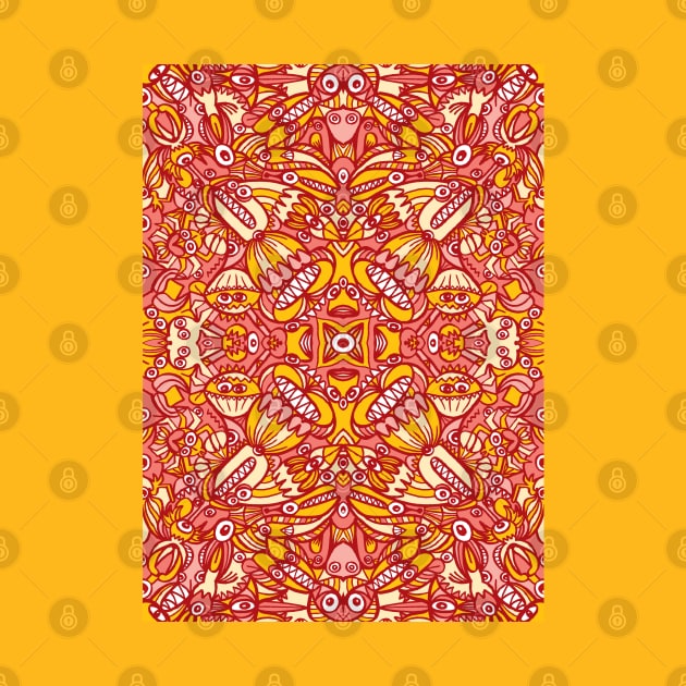 Red and yellow pattern design full of weird fantastic creatures by zooco