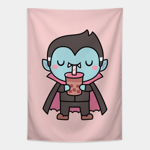 Cute Little Vampire Sucking Bubble Tea Tapestry by rustydoodle