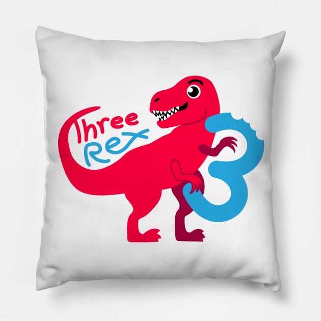 Three Rex , 3rd Birthday cute dinosaur red Pillow by 397House