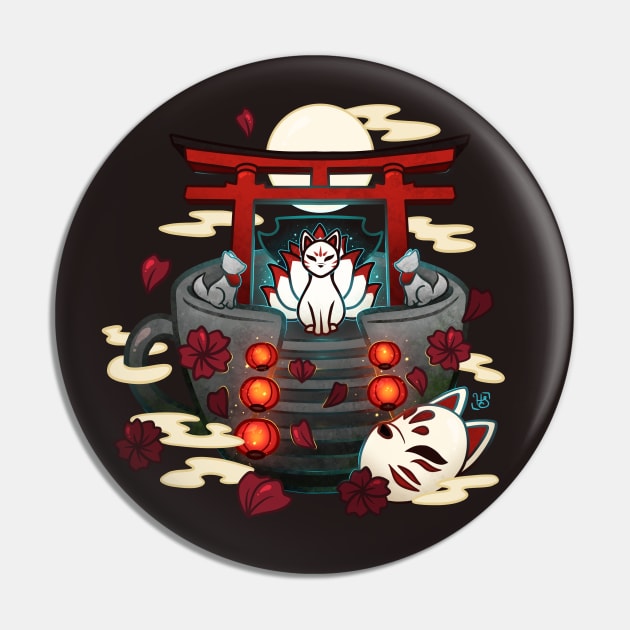 Moonlit Kitsune Shrine Teacup Pin by heysoleilart