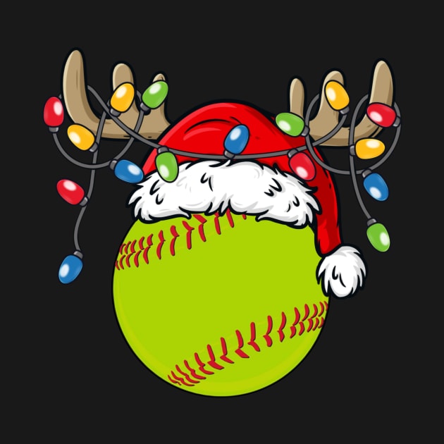 Softball With Santa Hat Reindeer Antlers Christmas Lights by Kimko