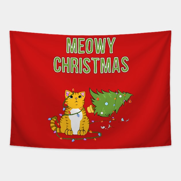 Meowy Christmas Tabby Cat Knocked Over Xmas Tree Tapestry by xenotransplant