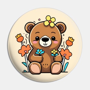 Kawaii Bear Sitting in Flowers Pin