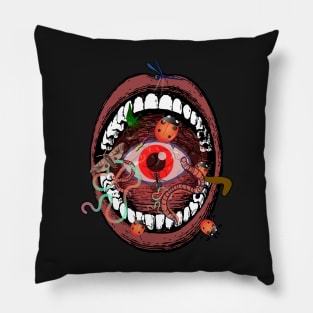 open mouth with eye and several bugs inside Pillow