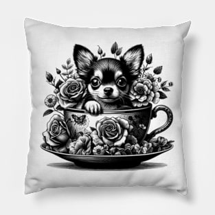 chihuahua peeking dog out from a teacup, surrounded by delicate flowers Pillow