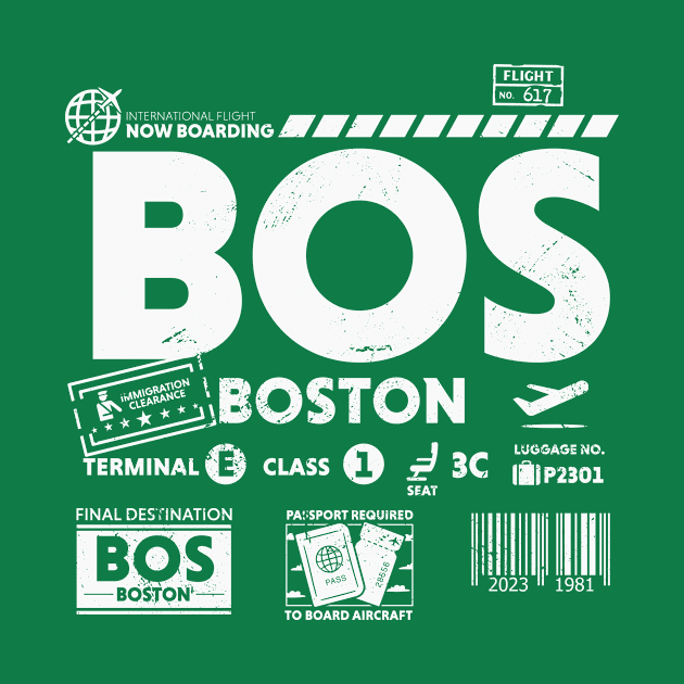 Vintage Boston BOS Airport Code Travel Day Retro Travel Tag Green by Now Boarding