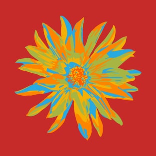 DAHLIA BURSTS Abstract Blooming Floral Summer Bright Flowers - Orange Yellow Lime Green Blue on Coral Red - UnBlink Studio by Jackie Tahara T-Shirt