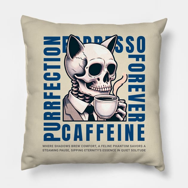 Cat Skull Caffeine Connoisseur - Eternal Coffee Enthusiast Pillow by Conversion Threads