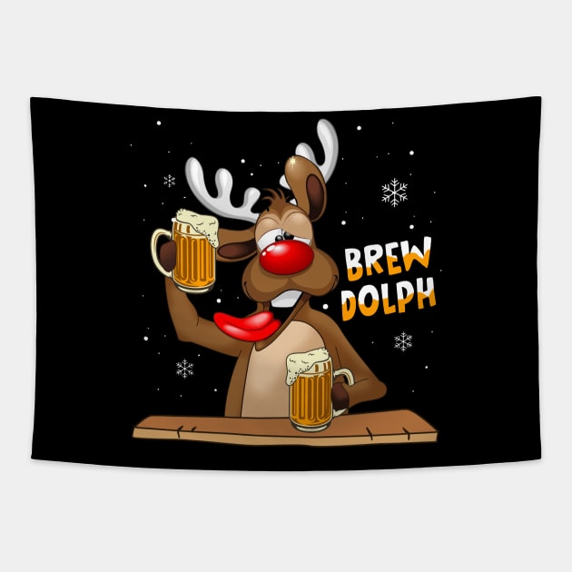 Brewdolph Reindeer Rudolph Beer Drinking Christmas Tapestry by Dunnhlpp