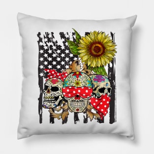 Sugar Skull American Flag Sunflower Floral Pillow