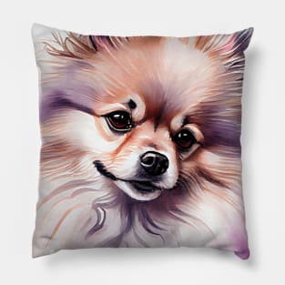 A Cute Watercolor of a Pomeranian Dog with Purple Accents Pillow