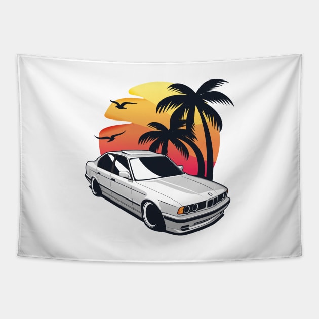 Whte E34 Classic Sedan wih Sunset Tapestry by KaroCars