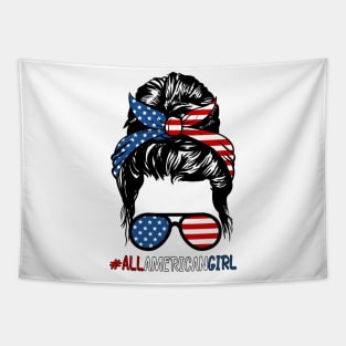 All American Girl 4th Of July Shirt Women Messy Bun USA Flag Tapestry