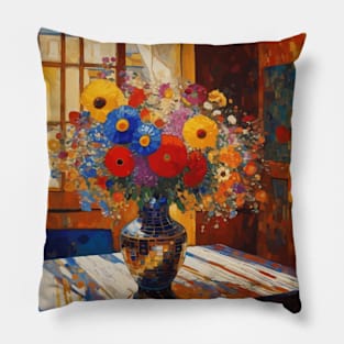 Colorful Bouquet of Flowers in a Gold Vase Pillow