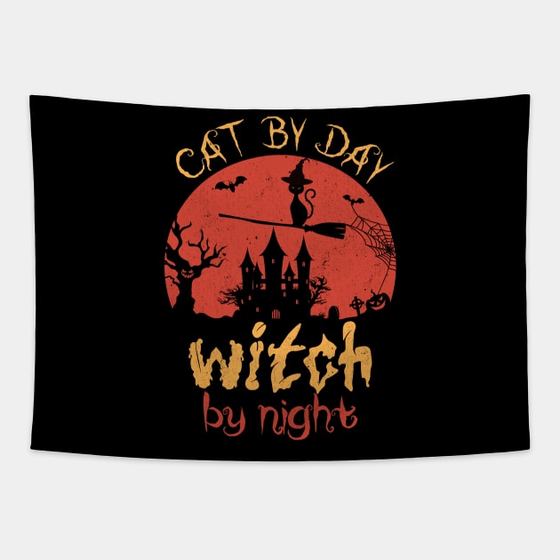 Cat By Day Witch By Night Funny Halloween Gift For Cat Lovers Tapestry by SbeenShirts