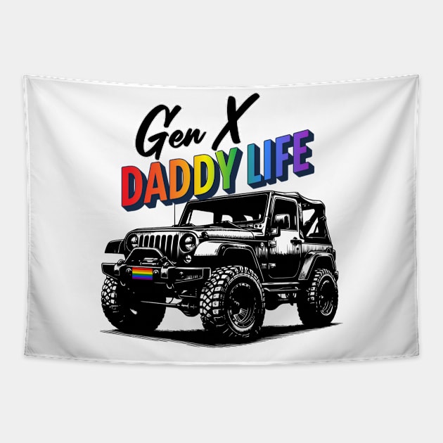 Gay Pride Shirt Men Daddy Gen X LGBTQ Jeep Rainbow Flag Tapestry by Dezinesbyem Designs