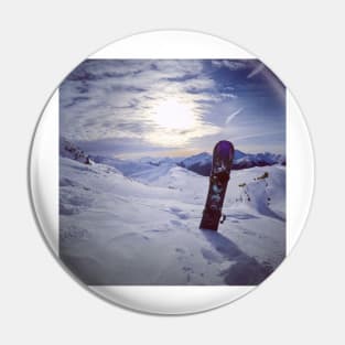 Snowboard in Winter Mountain Scenery Pin