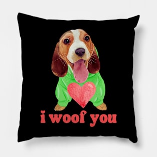 I Woof You Cute Beagle Dog With Heart Valentines Day Pillow