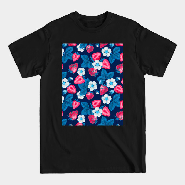 Disover Pink strawberries on blue - Strawberries - T-Shirt