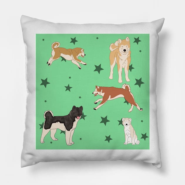 Mint Akitas and Stars Pillow by TrapperWeasel