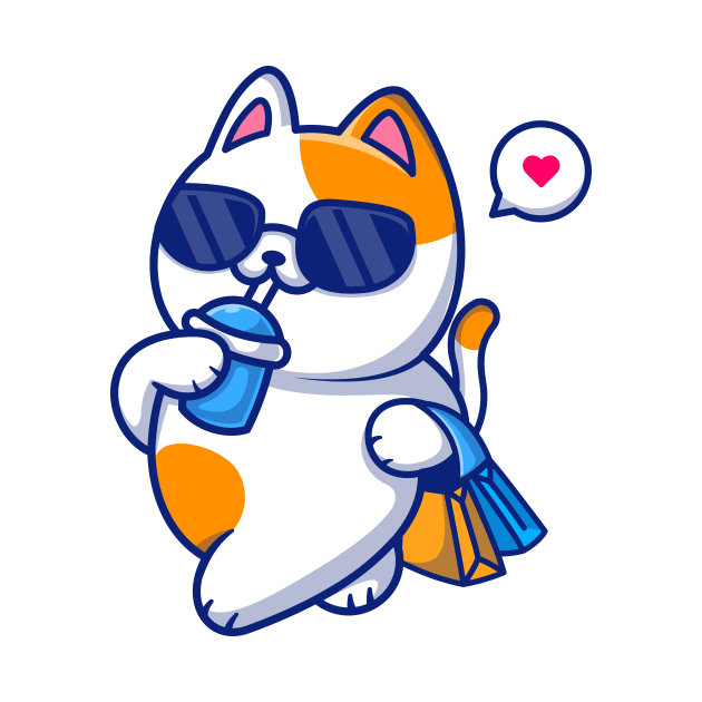 Cute Cat Drink And Holding Bag Cartoon by Catalyst Labs