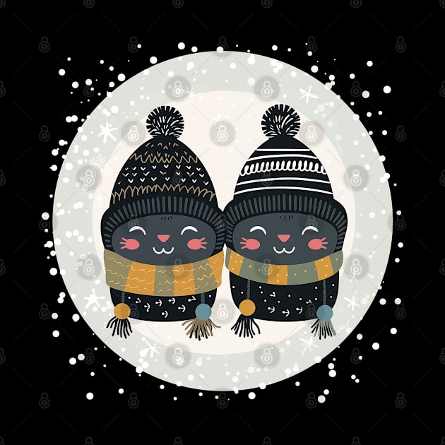 Vector Illustration - Christmas Scene with Two Cute and Funny Kittens in Patterned Hats and Scarves on a Snowy Background. by Art KateDav