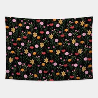 Colorful Wildflower Watercolor Black Design Tapestry