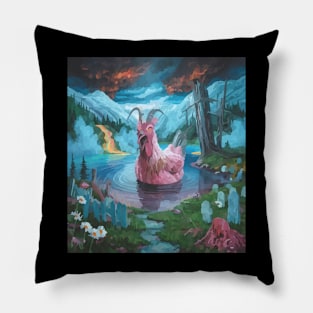 watercolor zombie chicken in lake with horns Pillow