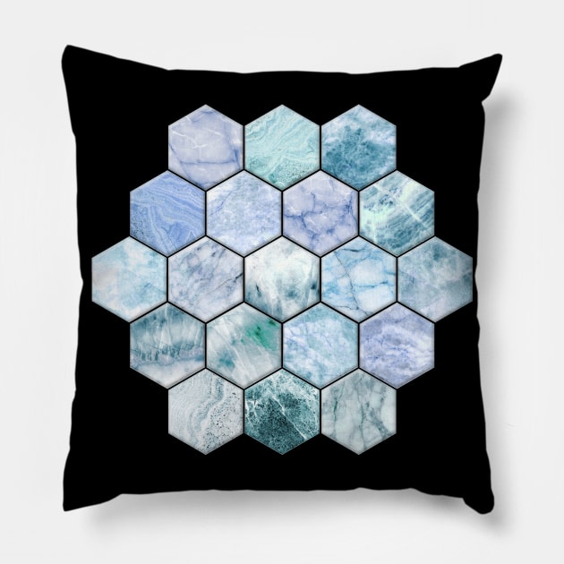 Ice Blue and Jade Stone and Marble Hexagon Tiles Pillow by micklyn