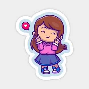 Cute Girl With Peace Sign Cartoon Magnet