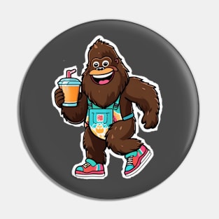 Hip Bigfoot wearing color sneakers, overalls and holding a drink. Pin