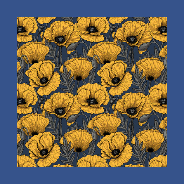 Yellow poppy garden on navy - Poppies - T-Shirt