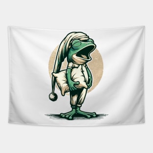 Sleepy frog wearing a nightcap, holding a pillow Tapestry