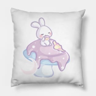 Bunny Eating a Giant Purple Mushroom Cake Pillow