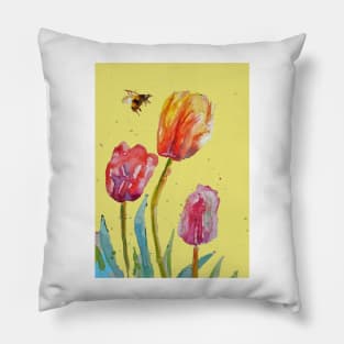 Tulip Flower Watercolor Painting and Bee on Yellow Pillow