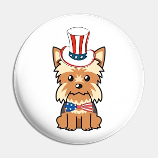 Funny yorkshire terrier dog is wearing uncle sam hat Pin