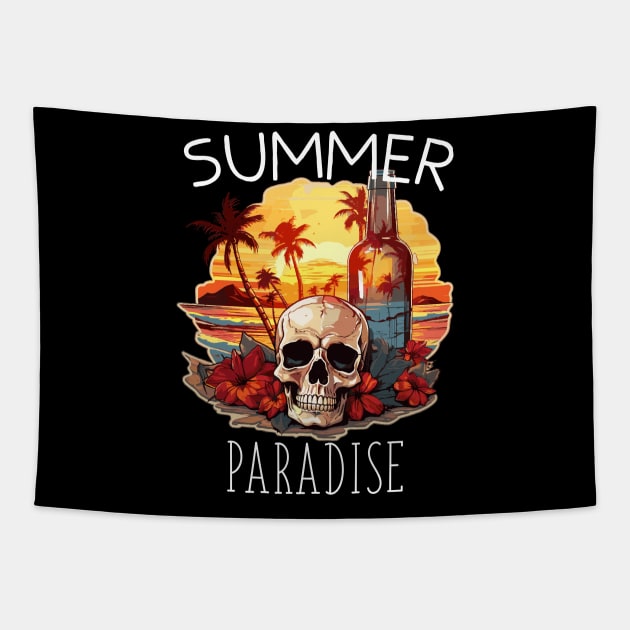 Skull and Empty Bottle - Summer Paradise (White Lettering) Tapestry by VelvetRoom