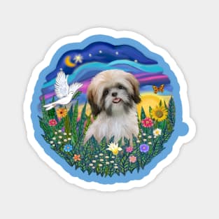 "Sunrise Garden" with a Cream and Brown Shih Tzu Magnet