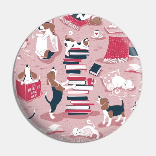 Life is better with books a hot drink and a friend // pattern // pink background brown white and blue beagles and cats and red cozy details Pin by SelmaCardoso