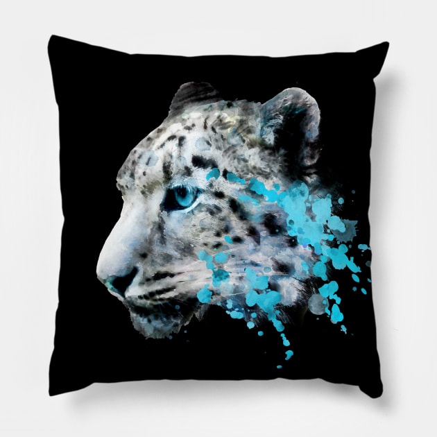 Dramabite Watercolor snow panther leopard artsy watercolour cougar painting Pillow by dramabite