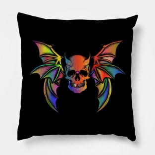 Colorful Horned Bat Skull with Wings Design Pillow