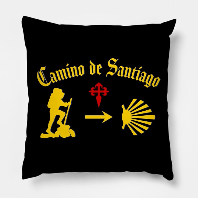 Camino de Santiago de Compostela male pilgrim with Yellow Arrow Scallop Shell Red Cross Pillow by Brasilia Catholic