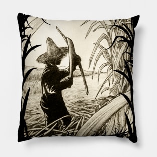 Worker Cutting Sugar Cane Pencil Hand Drawing Vintage Style Pillow