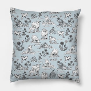 Sheep and Lambs on a Pasture Toile de Jouy (Powder Blue) Pillow