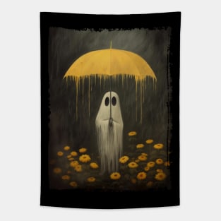 Halloween Cute boo stand with umbrella sunflower garden,Gothic Art Poster, Art Poster Print, Haunting Ghost, Halloween Decor,Field Art Poster Tapestry