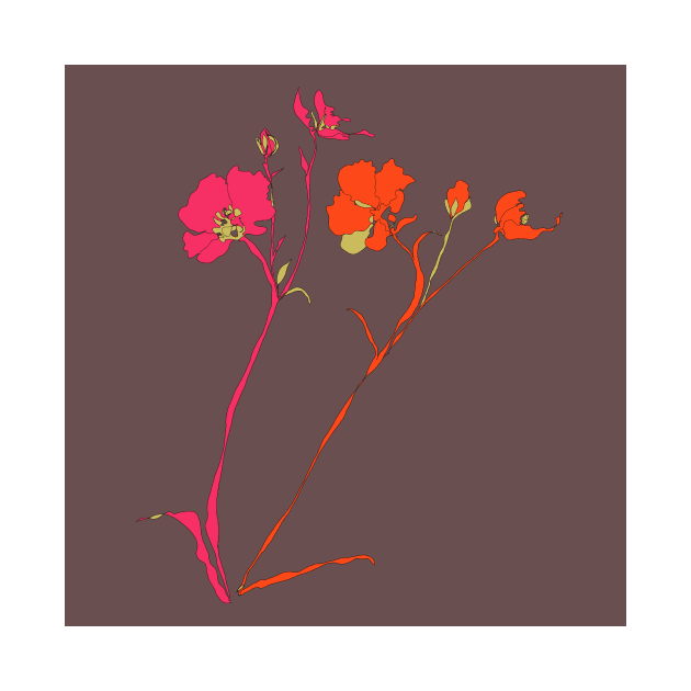 Hot Pink and Orange Flower Stems on Aubergine Background by AshleyWilksArt